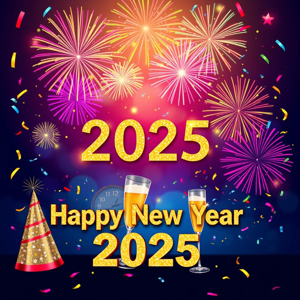 A vibrant and festive background designed for a Happy New Year 2025 celebration, featuring colorful fireworks lighting up the night sky, a countdown clock displaying midnight, and confetti falling through the air