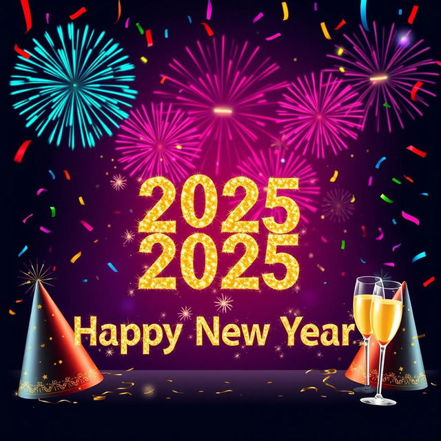 A vibrant and festive background designed for a Happy New Year 2025 celebration, featuring colorful fireworks lighting up the night sky, a countdown clock displaying midnight, and confetti falling through the air