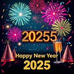 A vibrant and festive background designed for a Happy New Year 2025 celebration, featuring colorful fireworks lighting up the night sky, a countdown clock displaying midnight, and confetti falling through the air