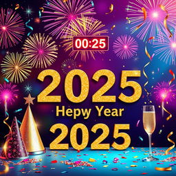 A vibrant and festive background designed for a Happy New Year 2025 celebration, featuring colorful fireworks lighting up the night sky, a countdown clock displaying midnight, and confetti falling through the air