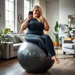 A plus-size Danish woman with blonde hair sitting on a deflated, glossy dark grey exercise ball in a stylish room