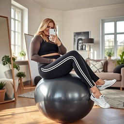 A plus-size Danish woman with blonde hair sitting on a deflated, glossy dark grey exercise ball in a stylish room