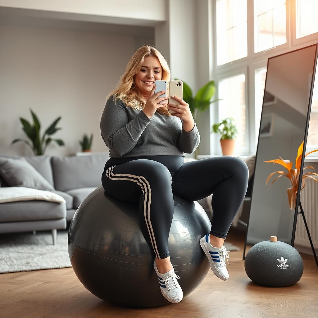 A plus-size Danish woman with blonde hair sitting on a deflated, glossy dark grey exercise ball in a stylish room