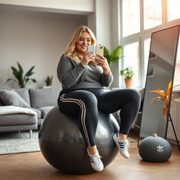 A plus-size Danish woman with blonde hair sitting on a deflated, glossy dark grey exercise ball in a stylish room