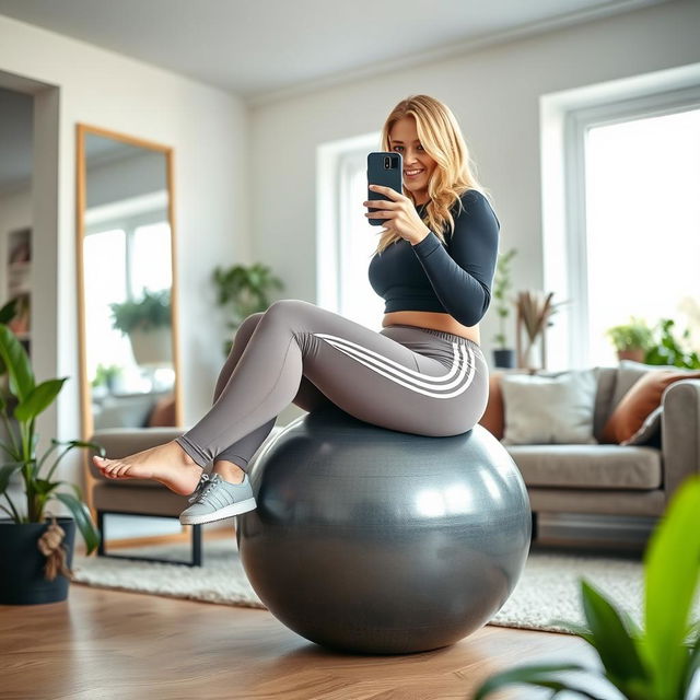 A plus-size Danish woman with blonde hair sitting on a deflated, glossy dark grey exercise ball in a stylish room