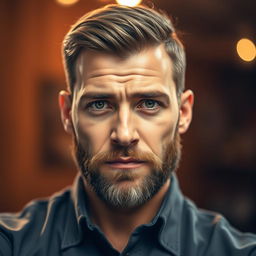 A close-up portrait of a man with an intriguing expression, showcasing strong facial features and a well-groomed beard