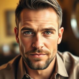 A close-up portrait of a man with an intriguing expression, showcasing strong facial features and a well-groomed beard