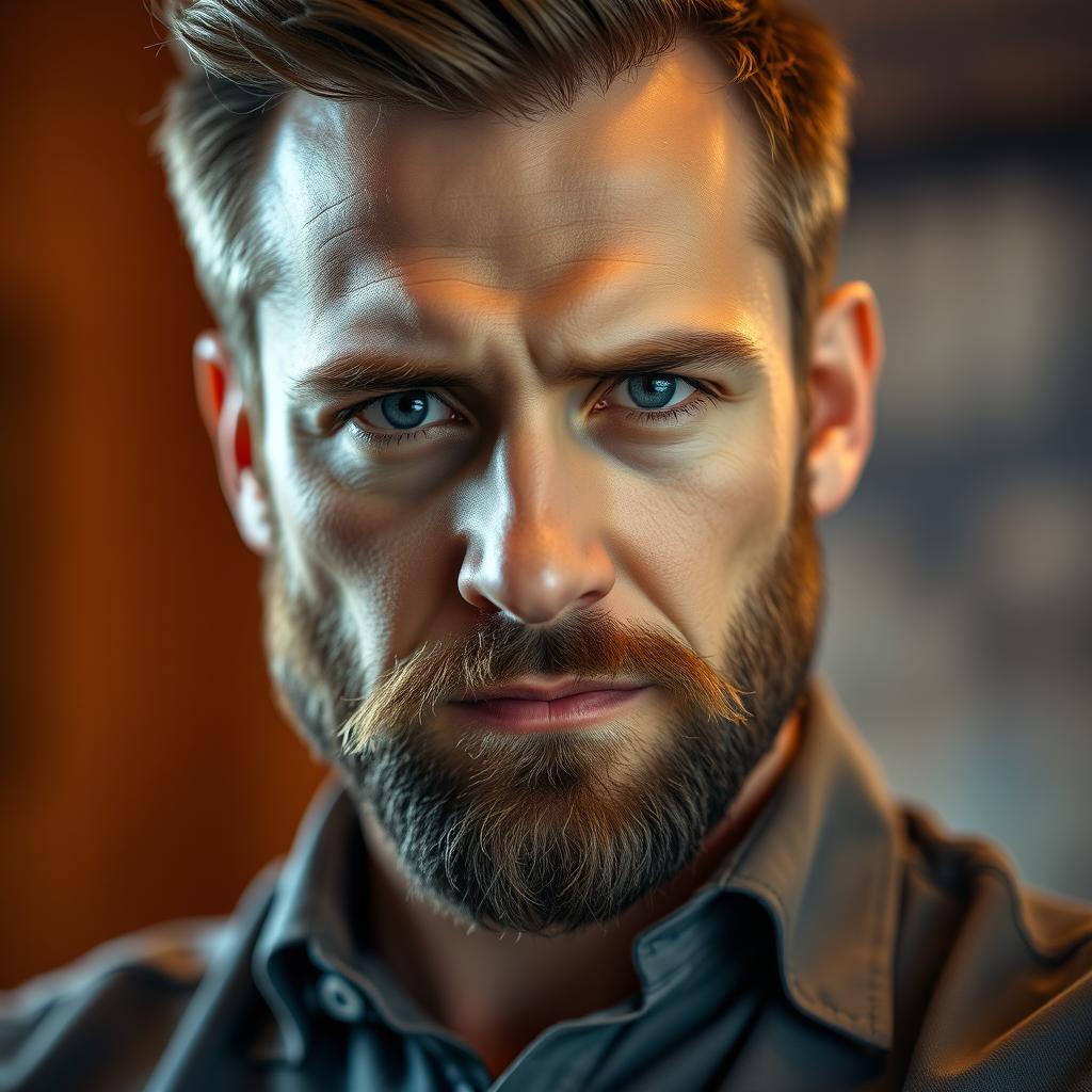 A close-up portrait of a man with an intriguing expression, showcasing strong facial features and a well-groomed beard