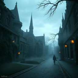 A mysterious, atmospheric university setting reminiscent of the film 'Home School'