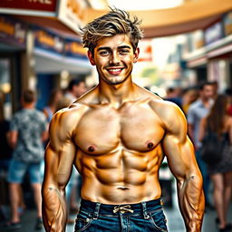 A youthful man with an impressive physique stands confidently, showcasing his strong build and charming smile