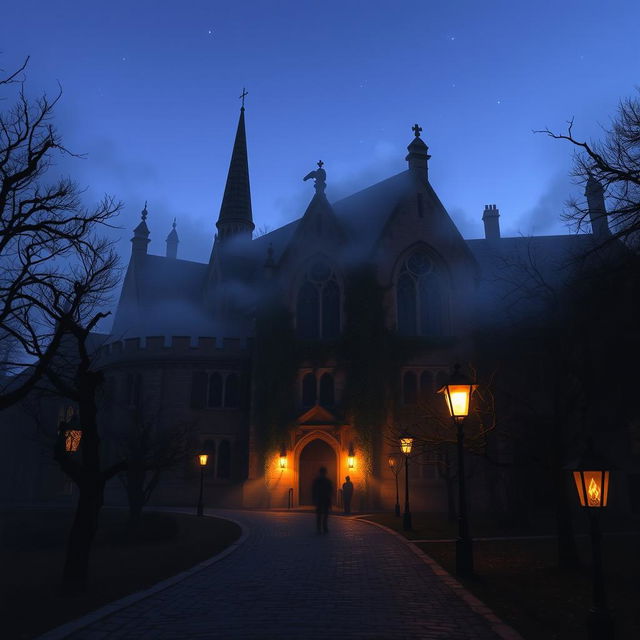 A mysterious university campus, featuring an ancient Gothic architecture building with spires and gargoyles, partially shrouded in mist