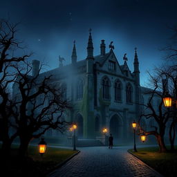 A mysterious university campus, featuring an ancient Gothic architecture building with spires and gargoyles, partially shrouded in mist