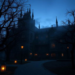 A mysterious university campus, featuring an ancient Gothic architecture building with spires and gargoyles, partially shrouded in mist