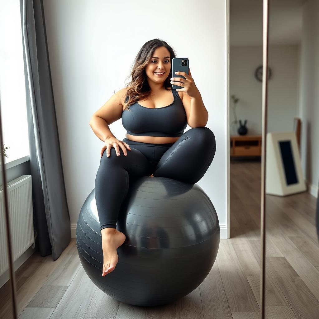 A curvy Danish woman with an attractive figure, wide legs, sitting on a deflated oval shiny dark grey exercise ball