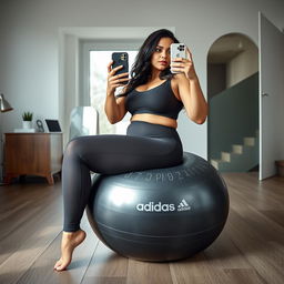 A curvy Danish woman with an attractive figure, wide legs, sitting on a deflated oval shiny dark grey exercise ball