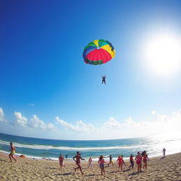 A stunning beach scene with a vast ocean under a bright sun