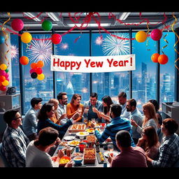 A vibrant and festive New Year celebration scene depicting a modern internet company office filled with employees celebrating the arrival of the New Year