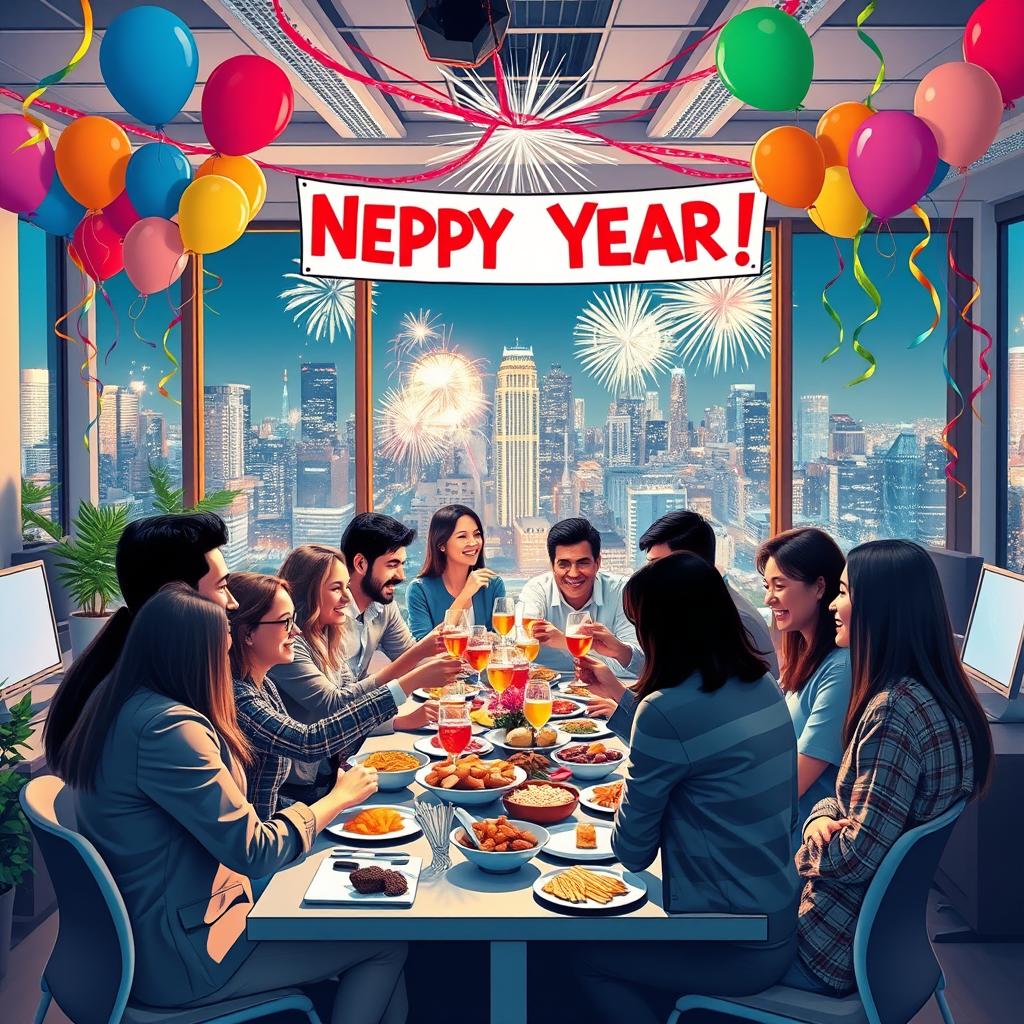 A vibrant and festive New Year celebration scene depicting a modern internet company office filled with employees celebrating the arrival of the New Year