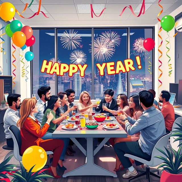 A vibrant and festive New Year celebration scene depicting a modern internet company office filled with employees celebrating the arrival of the New Year