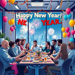 A vibrant and festive New Year celebration scene depicting a modern internet company office filled with employees celebrating the arrival of the New Year