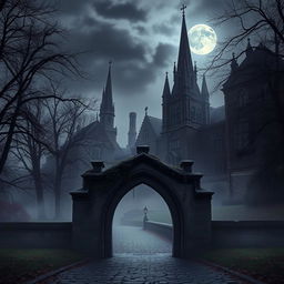 An enigmatic university campus set in an autumn landscape, featuring gothic architecture with towering spires and ivy-covered walls