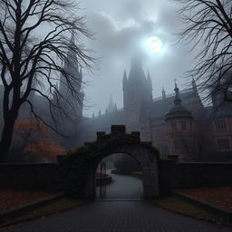 An enigmatic university campus set in an autumn landscape, featuring gothic architecture with towering spires and ivy-covered walls