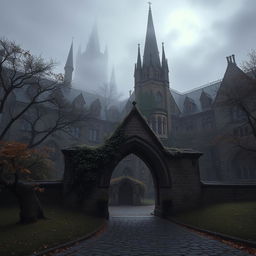 An enigmatic university campus set in an autumn landscape, featuring gothic architecture with towering spires and ivy-covered walls