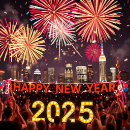 A festive New Year's 2025 celebration scene, featuring vibrant fireworks lighting up the night sky with colorful bursts of reds, blues, and golds