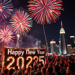 A festive New Year's 2025 celebration scene, featuring vibrant fireworks lighting up the night sky with colorful bursts of reds, blues, and golds
