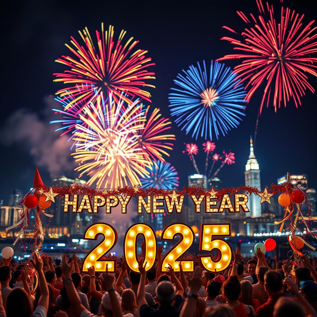 A festive New Year's 2025 celebration scene, featuring vibrant fireworks lighting up the night sky with colorful bursts of reds, blues, and golds