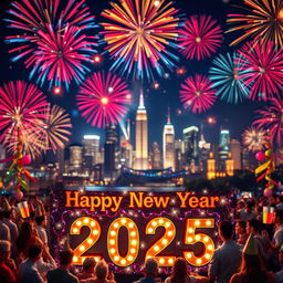 A festive New Year's 2025 celebration scene, featuring vibrant fireworks lighting up the night sky with colorful bursts of reds, blues, and golds