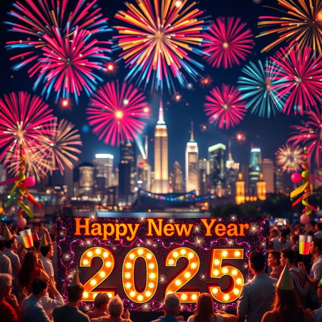 A festive New Year's 2025 celebration scene, featuring vibrant fireworks lighting up the night sky with colorful bursts of reds, blues, and golds