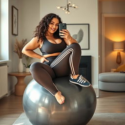 A curvy Danish woman with a confident pose, wide legs, sitting on a deflated oval shiny dark grey exercise ball