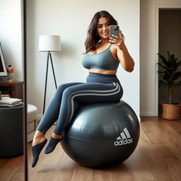 A curvy Danish woman with a confident pose, wide legs, sitting on a deflated oval shiny dark grey exercise ball