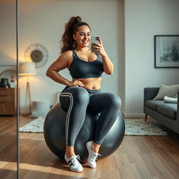 A curvy Danish woman with a confident pose, wide legs, sitting on a deflated oval shiny dark grey exercise ball