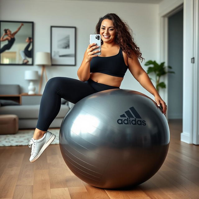 A curvy Danish woman with a confident pose, wide legs, sitting on a deflated oval shiny dark grey exercise ball