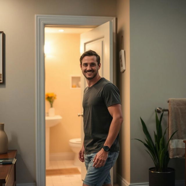 A man walking towards a bathroom, looking relaxed and casual