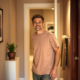 A man walking towards a bathroom, looking relaxed and casual