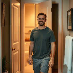 A man walking towards a bathroom, looking relaxed and casual