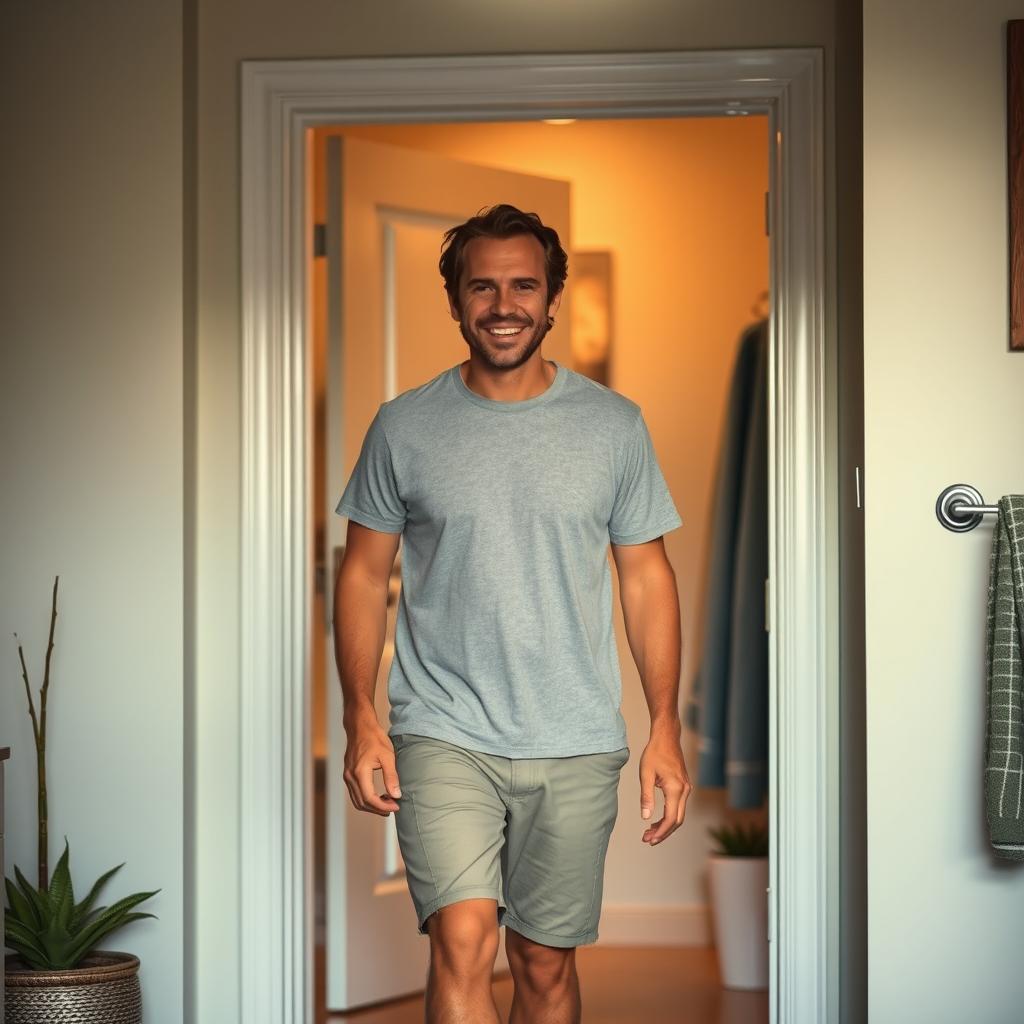 A man walking towards a bathroom, looking relaxed and casual