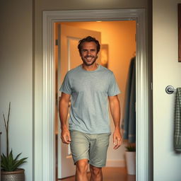 A man walking towards a bathroom, looking relaxed and casual