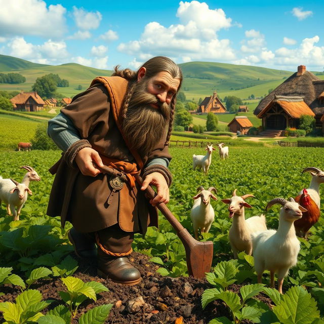 A medieval dwarf farmer working diligently in his lush green fields, surrounded by bountiful crops