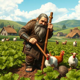 A medieval dwarf farmer working diligently in his lush green fields, surrounded by bountiful crops