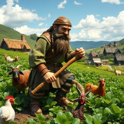 A medieval dwarf farmer working diligently in his lush green fields, surrounded by bountiful crops