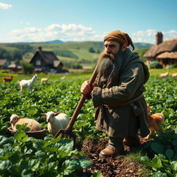 A medieval dwarf farmer working diligently in his lush green fields, surrounded by bountiful crops