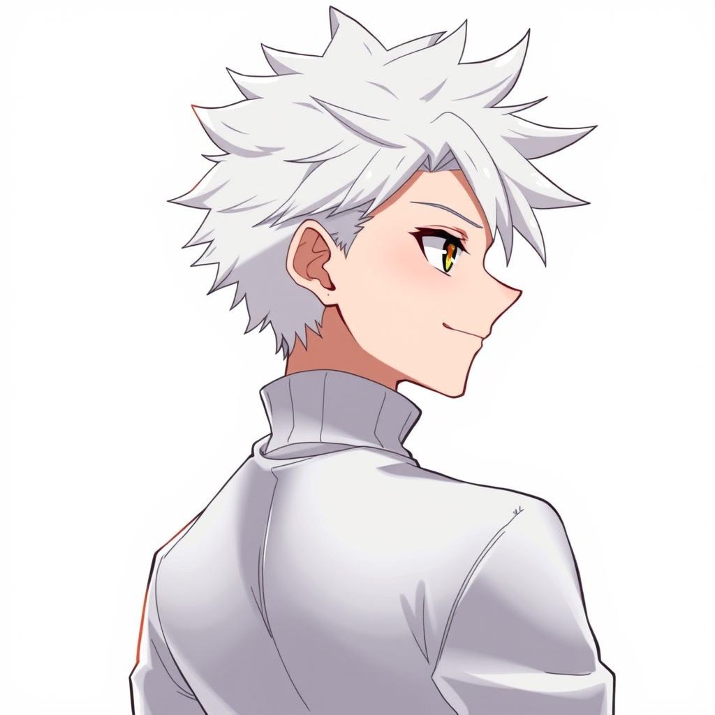 An anime boy character depicted from the back, featuring spiky white hair similar to Killua Zoldyck from Hunter x Hunter