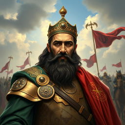 A portrait of Rostam FarokhZad, the legendary Iranian military commander, depicted in an ancient Persian setting