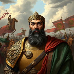 A portrait of Rostam FarokhZad, the legendary Iranian military commander, depicted in an ancient Persian setting