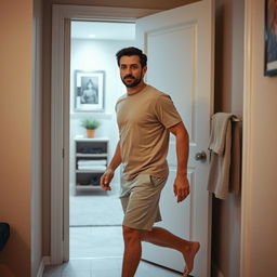 A man in mid-step, approaching a bathroom door, showcasing a relaxed demeanor