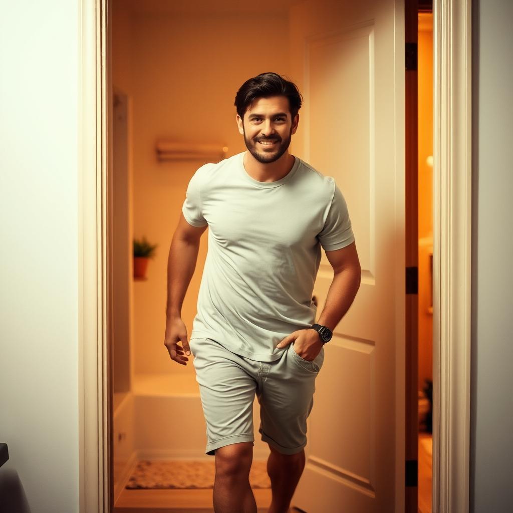 A man in mid-step, approaching a bathroom door, showcasing a relaxed demeanor